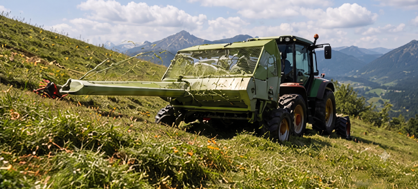 Ernte auf Bergwiese mit Spezialtechnik